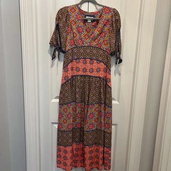 Maeve Anthropologie Pink and Brown Tiered Sundress - Picture 1 of 7